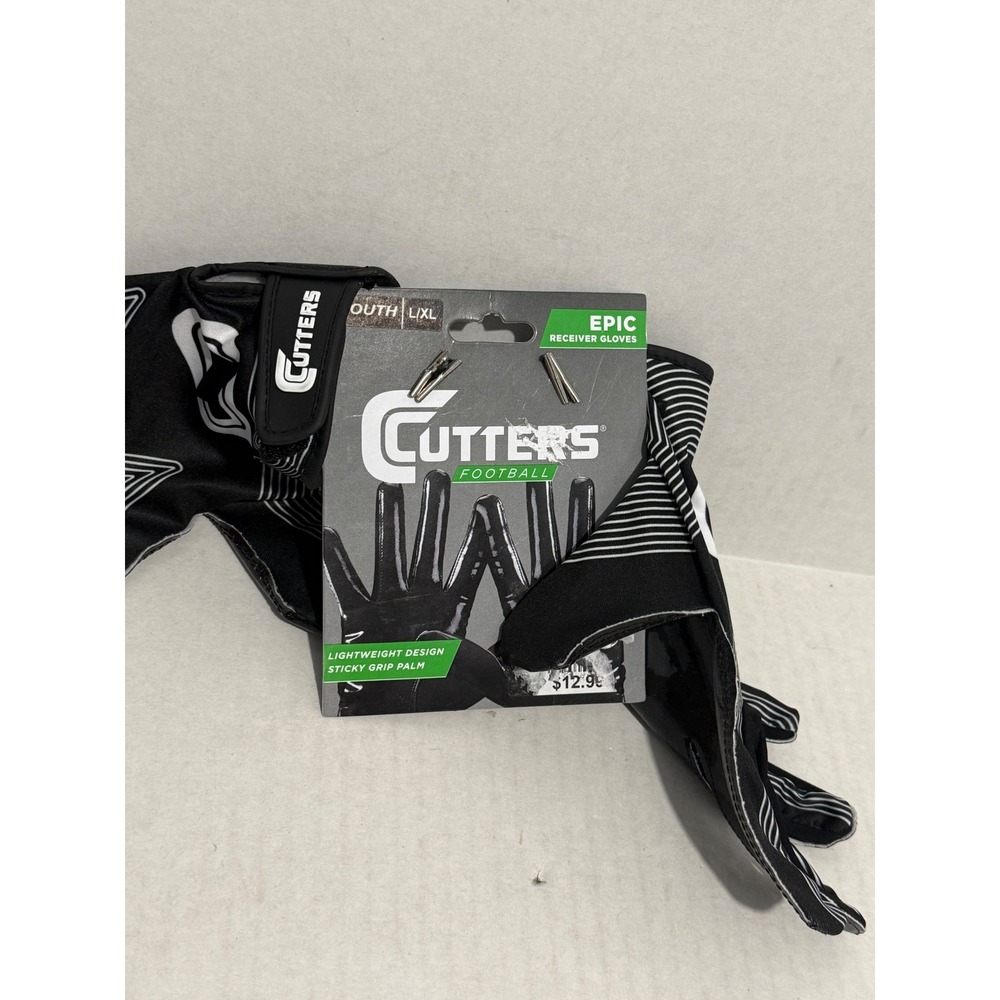 Cutters Epic Football Receiver Gloves Youth L/XL Black White Sticky Grip C-TACK